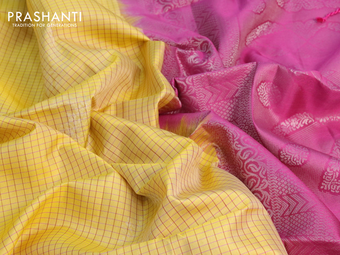 Pure soft silk saree yellow and pink with allover checked pattern & silver zari woven buttas and simple border