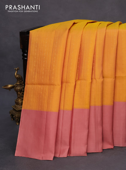 Pure soft silk saree yellow and peach shade with allover zari weaves and simple border