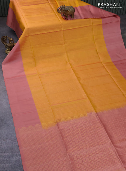 Pure soft silk saree yellow and peach shade with allover zari weaves and simple border