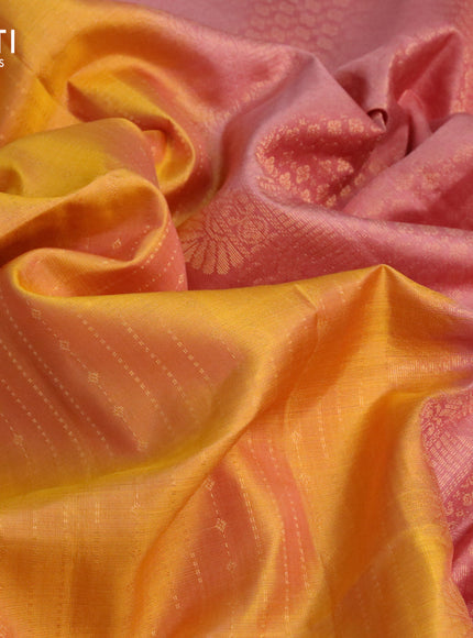 Pure soft silk saree yellow and peach shade with allover zari weaves and simple border