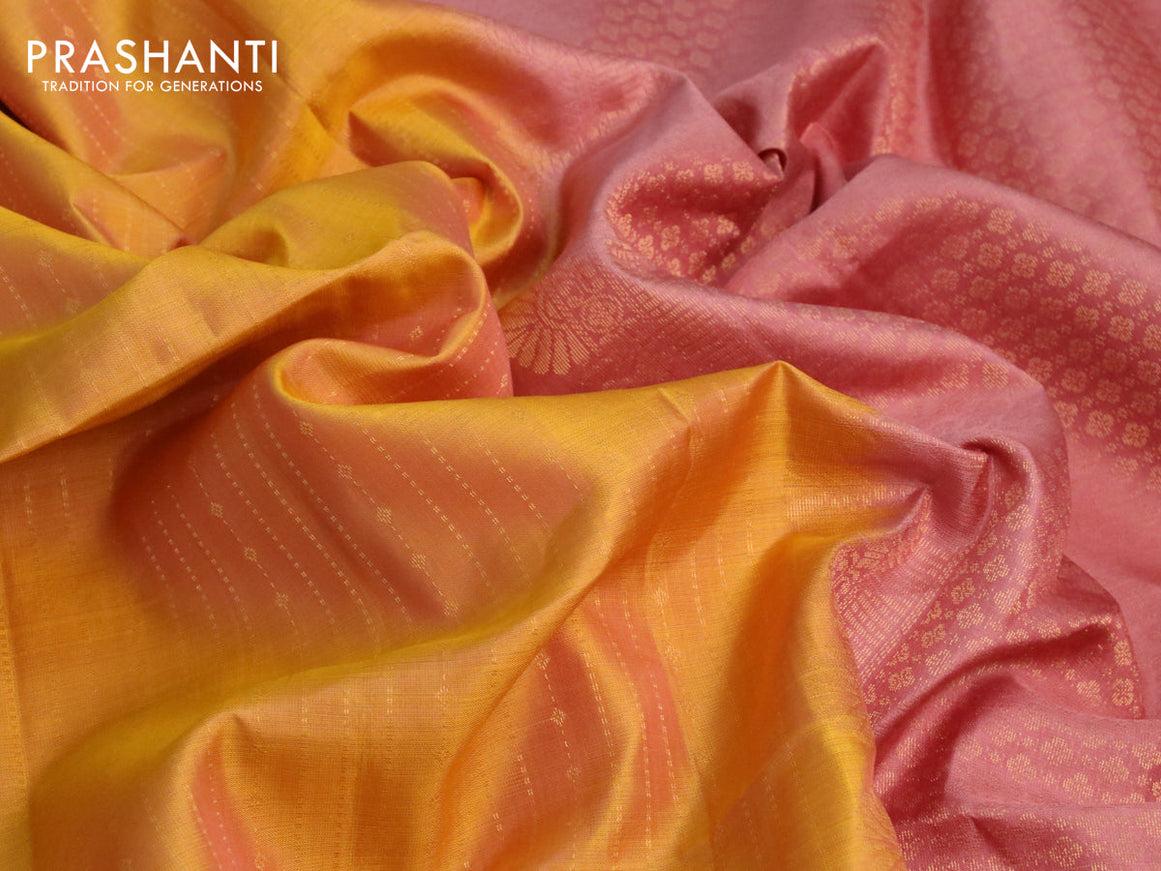 Pure soft silk saree yellow and peach shade with allover zari weaves and simple border