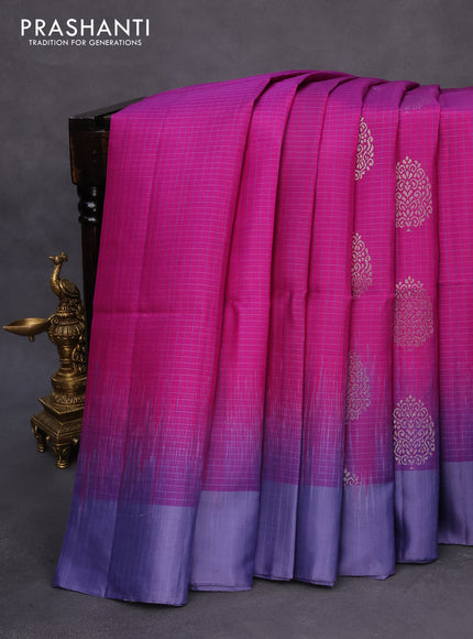 Pure soft silk saree magenta pink and bluish grey with allover small checks & silver zari buttas and simple border