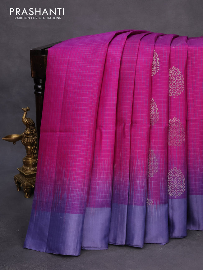 Pure soft silk saree magenta pink and bluish grey with allover small checks & silver zari buttas and simple border