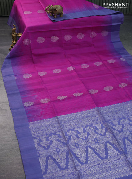 Pure soft silk saree magenta pink and bluish grey with allover small checks & silver zari buttas and simple border