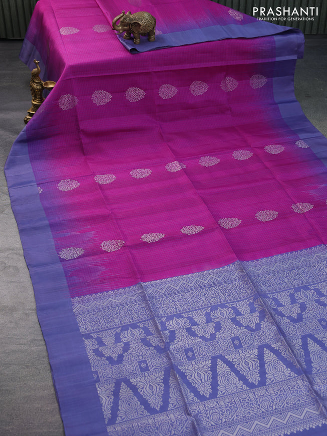 Pure soft silk saree magenta pink and bluish grey with allover small checks & silver zari buttas and simple border