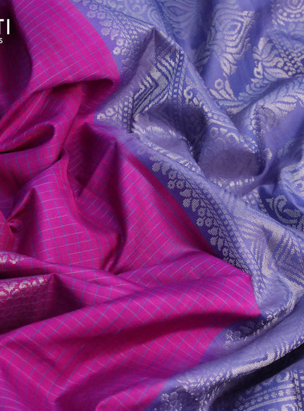 Pure soft silk saree magenta pink and bluish grey with allover small checks & silver zari buttas and simple border