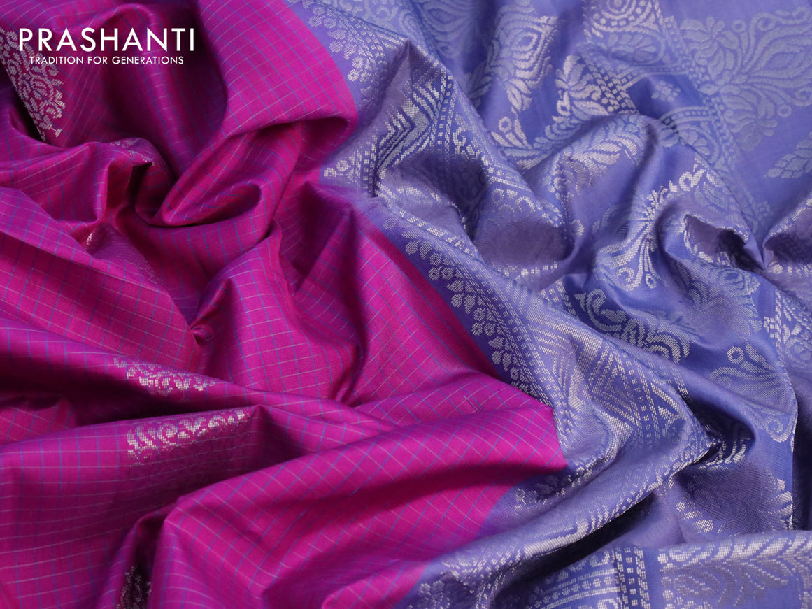 Pure soft silk saree magenta pink and bluish grey with allover small checks & silver zari buttas and simple border