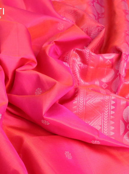 Pure soft silk saree dual shade of pinkish orange with silver zari woven buttas and rettapet zari woven border