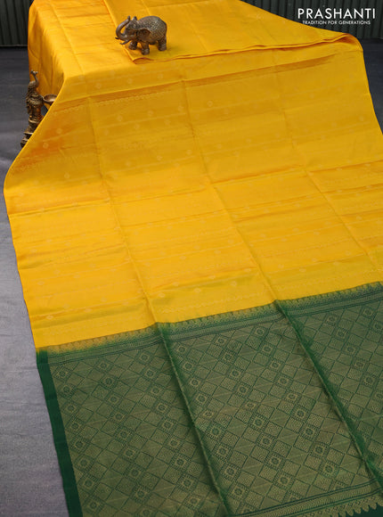 Pure soft silk saree mango yellow and dark green with allover zari weaves in borderless style