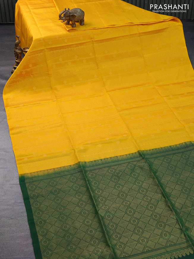 Pure soft silk saree mango yellow and dark green with allover zari weaves in borderless style