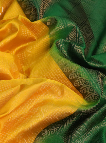 Pure soft silk saree mango yellow and dark green with allover zari weaves in borderless style