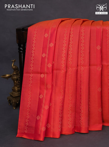 Pure soft silk saree dual shade of pinkish orange and green with allover zari weaves in borderless style