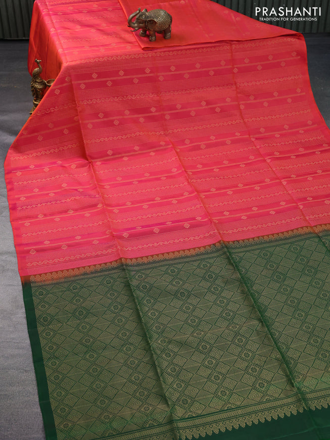 Pure soft silk saree dual shade of pinkish orange and green with allover zari weaves in borderless style