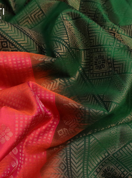 Pure soft silk saree dual shade of pinkish orange and green with allover zari weaves in borderless style