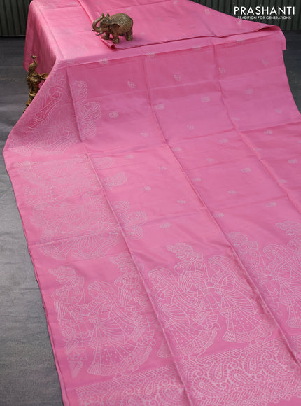 Pure soft silk saree pink with silver zari woven buttas and rich silver zari woven border