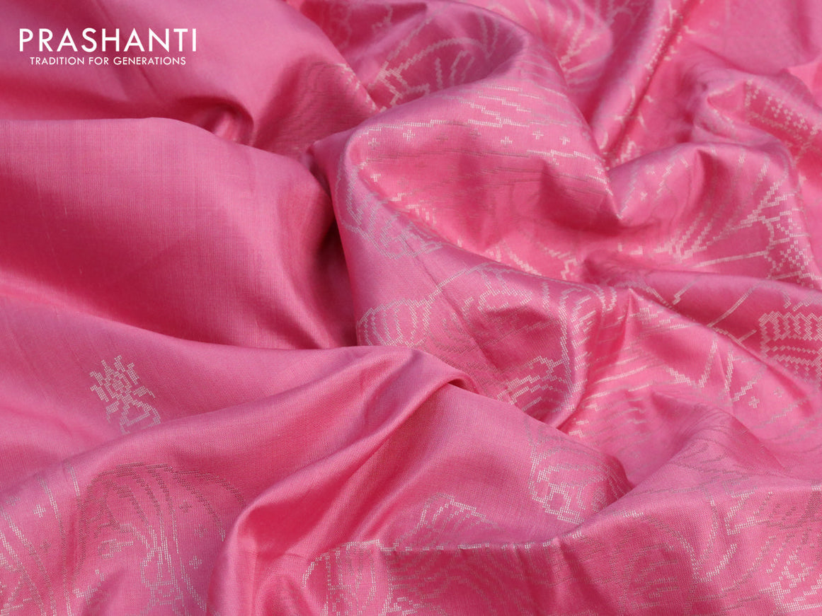 Pure soft silk saree pink with silver zari woven buttas and rich silver zari woven border