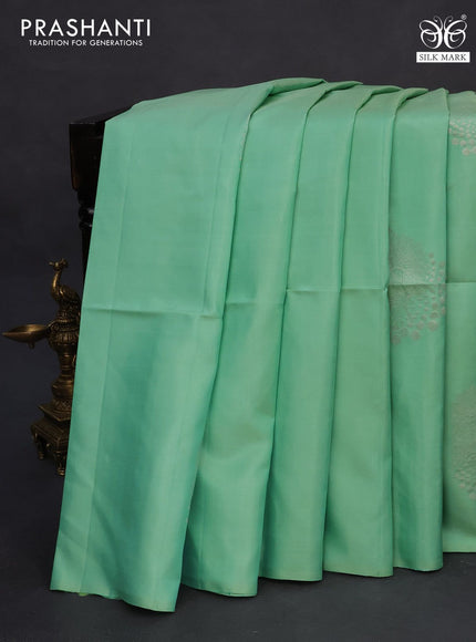 Pure soft silk saree pastel green and grey with silver zari woven buttas in borderless style