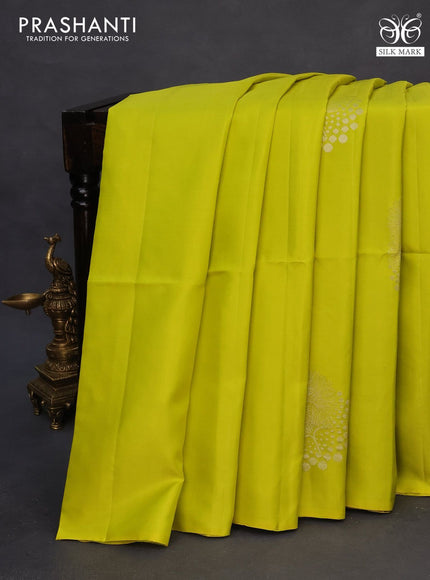 Pure soft silk saree lime yellow and pastel lavender shade with silver zari woven buttas in borderless style