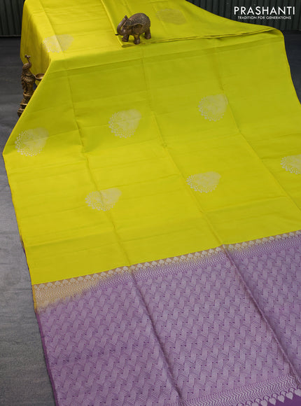 Pure soft silk saree lime yellow and pastel lavender shade with silver zari woven buttas in borderless style