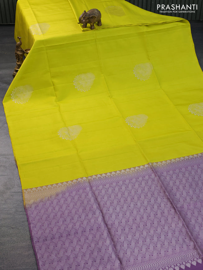 Pure soft silk saree lime yellow and pastel lavender shade with silver zari woven buttas in borderless style