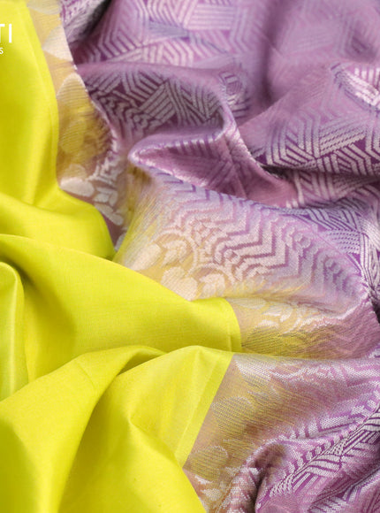 Pure soft silk saree lime yellow and pastel lavender shade with silver zari woven buttas in borderless style