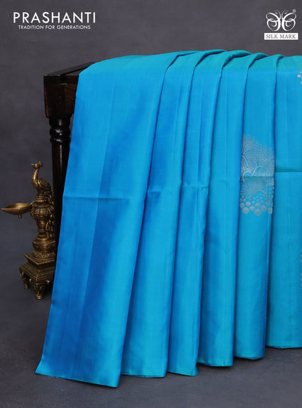 Pure soft silk saree dual shade of blue and black with silver zari woven buttas in borderless style