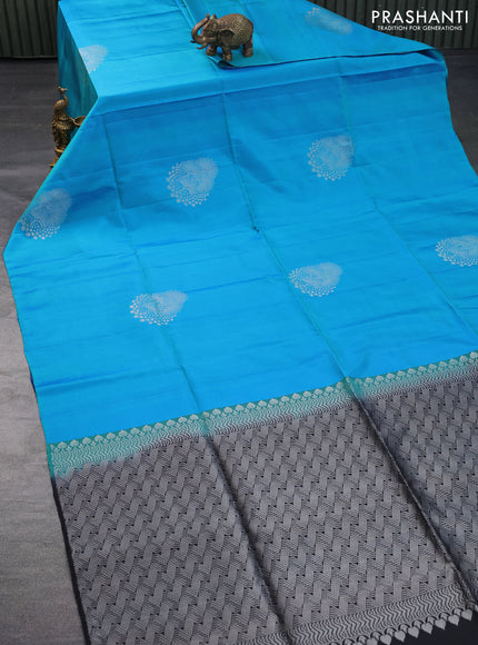 Pure soft silk saree dual shade of blue and black with silver zari woven buttas in borderless style