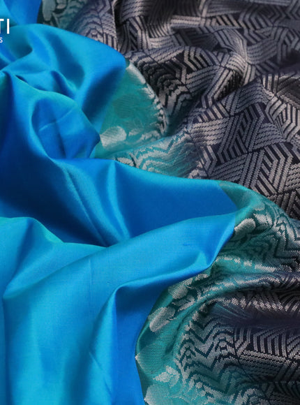 Pure soft silk saree dual shade of blue and black with silver zari woven buttas in borderless style