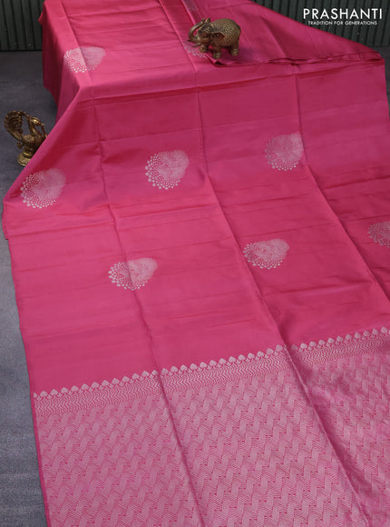 Pure soft silk saree pink with silver zari woven buttas in borderless style