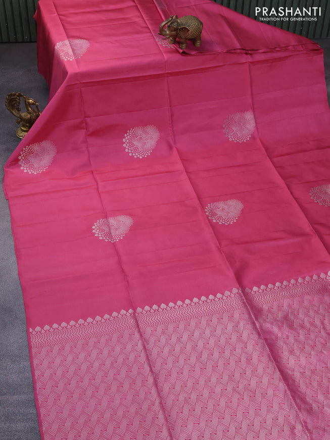 Pure soft silk saree pink with silver zari woven buttas in borderless style