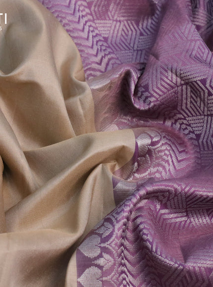 Pure soft silk saree beige and pastel lavender shade with silver zari woven buttas in borderless style