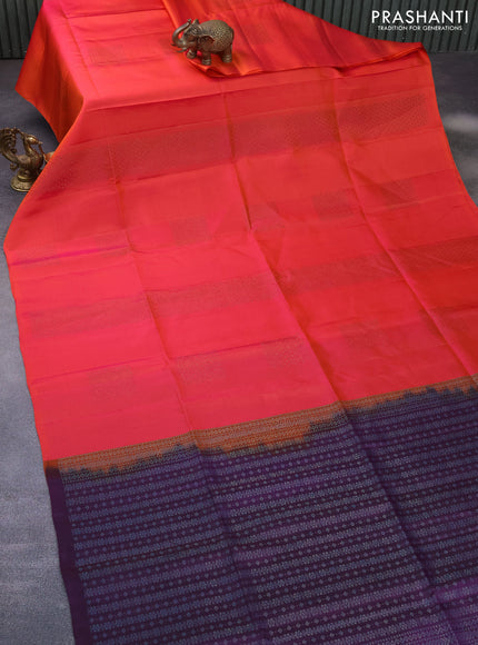 Pure soft silk saree dual shade of pinkish orange and deep purple with thread & zari woven buttas in borderless style