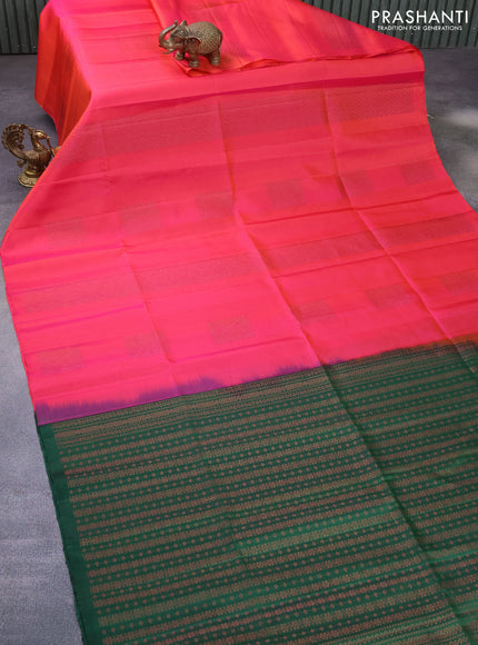 Pure soft silk saree dual shade of pinkish orange and green with thread & zari woven buttas in borderless style