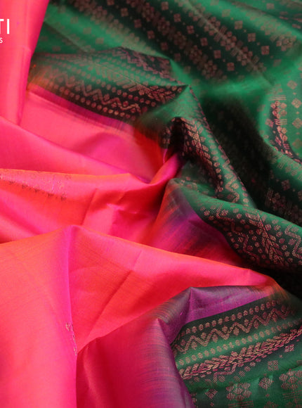 Pure soft silk saree dual shade of pinkish orange and green with thread & zari woven buttas in borderless style