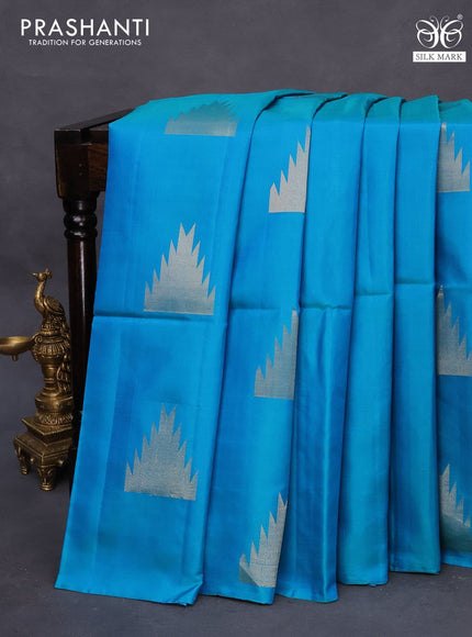 Pure soft silk saree dual shade of cs blue with temple zari woven buttas in borderless style