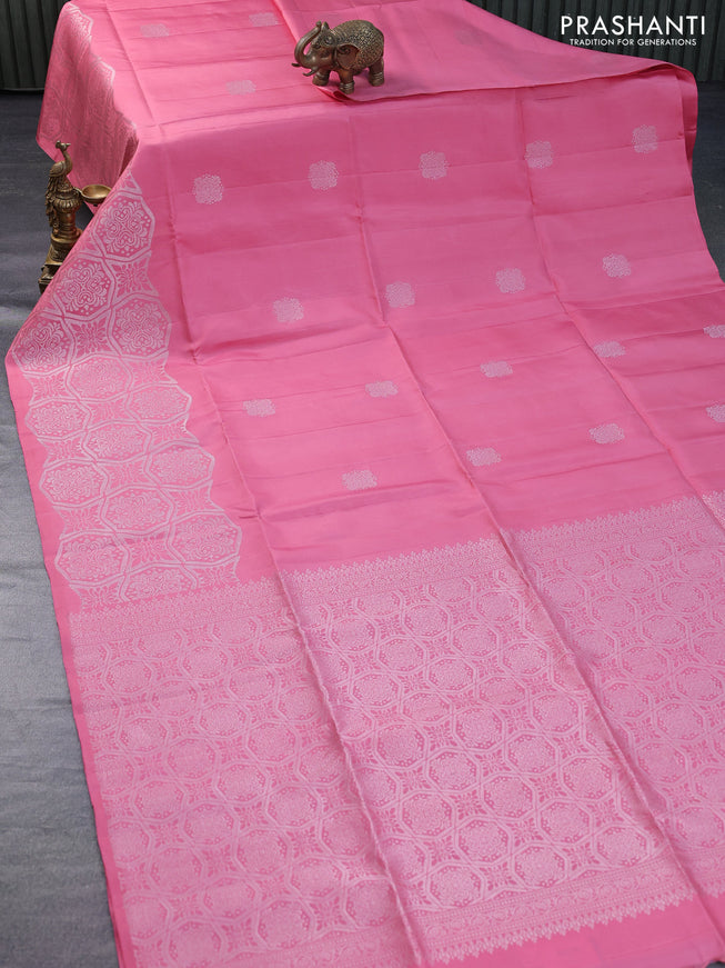 Pure soft silk saree pink shade with silver zari woven buttas and rich silver zari woven border