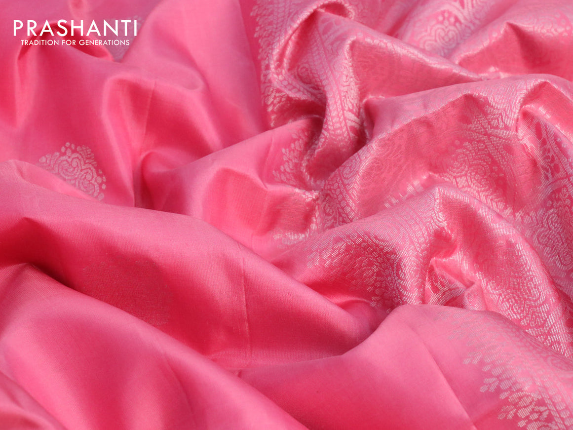 Pure soft silk saree pink shade with silver zari woven buttas and rich silver zari woven border