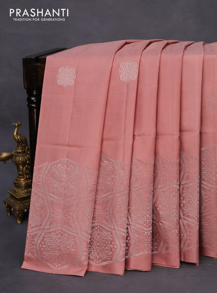 Pure soft silk saree peach shade with silver zari woven buttas and rich silver zari woven border