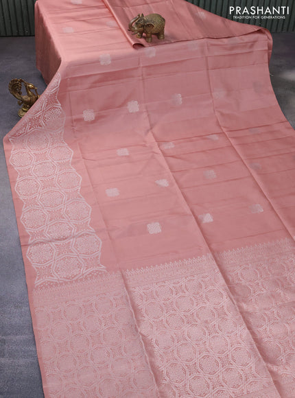 Pure soft silk saree peach shade with silver zari woven buttas and rich silver zari woven border