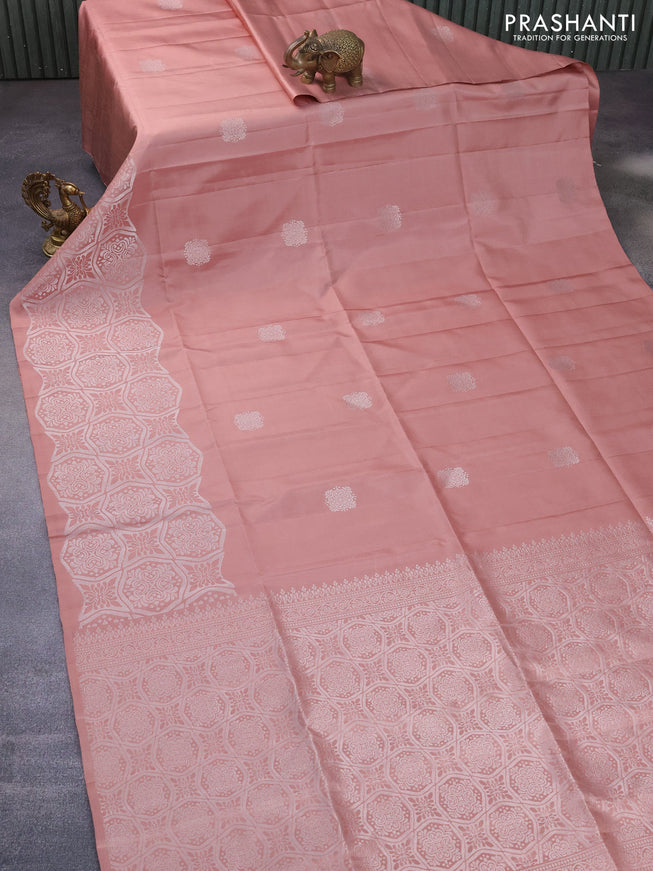 Pure soft silk saree peach shade with silver zari woven buttas and rich silver zari woven border