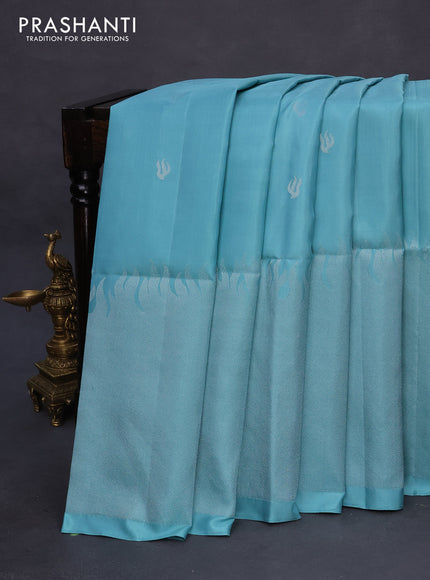 Pure soft silk saree teal blue with silver zari woven buttas and long silver zari woven border