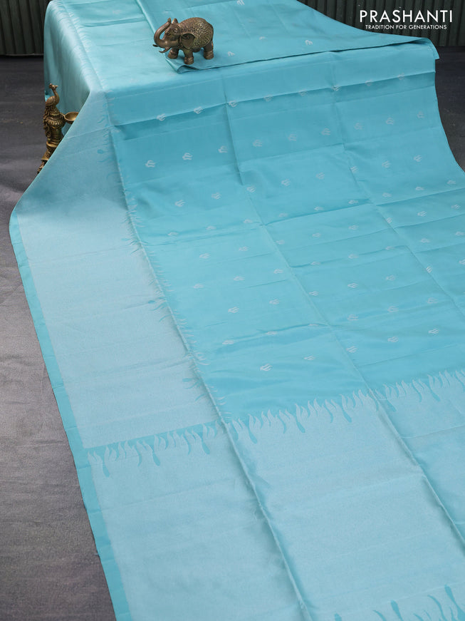 Pure soft silk saree teal blue with silver zari woven buttas and long silver zari woven border