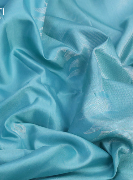 Pure soft silk saree teal blue with silver zari woven buttas and long silver zari woven border