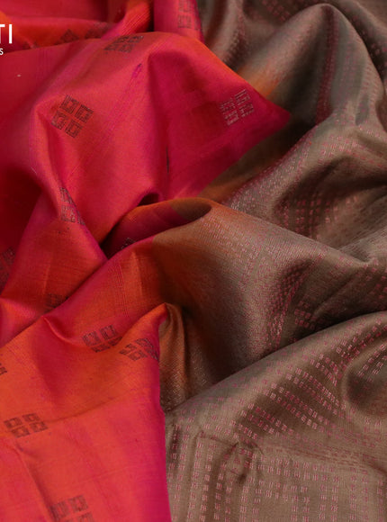 Pure soft silk saree dual shade of pinkish orange and dark chikku with woven buttas & jute finished in borderless style