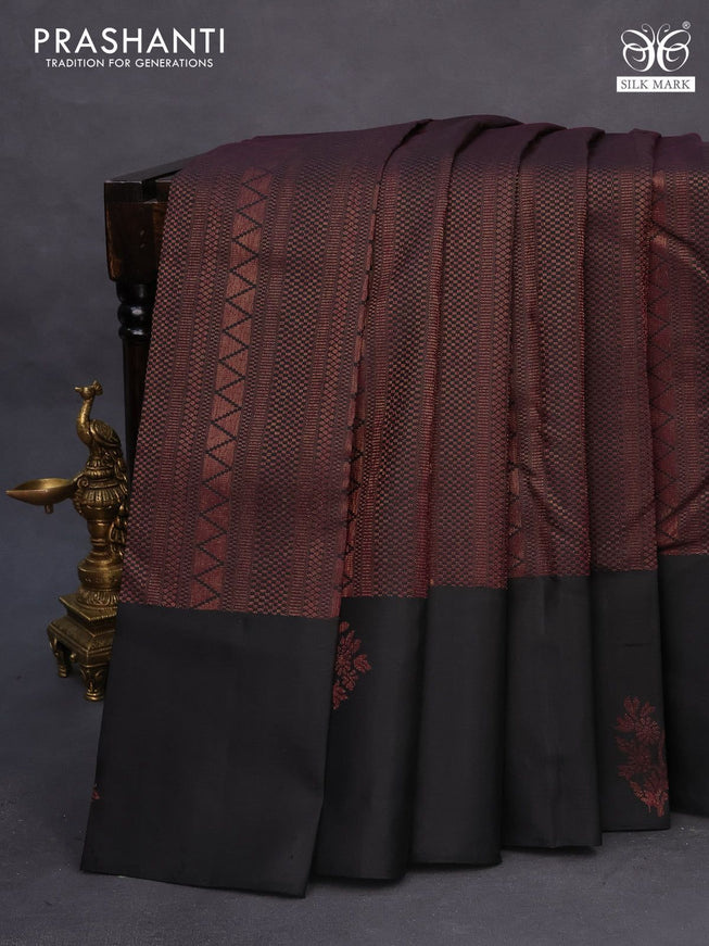 Pure soft silk saree black and dark mustard with allover thread & zari woven brocade weaves and woven floral butta border