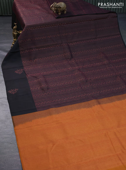 Pure soft silk saree black and dark mustard with allover thread & zari woven brocade weaves and woven floral butta border