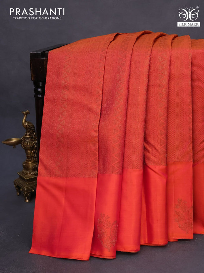 Pure soft silk saree dual shade of pinkish orange and dark mustard with allover thread & zari woven brocade weaves and woven floral butta border