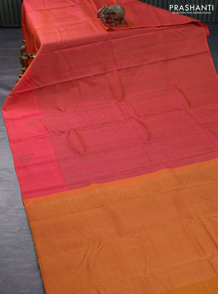 Pure soft silk saree dual shade of pinkish orange and dark mustard with allover thread & zari woven brocade weaves and woven floral butta border