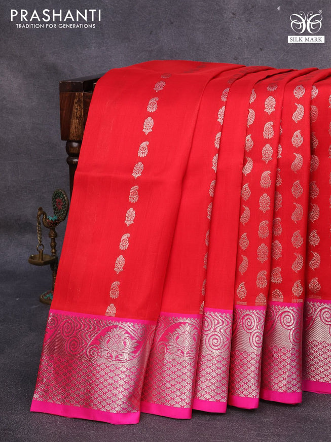 Venkatagiri silk saree red and pink with allover silver zari woven butta weaves and silver zari woven border