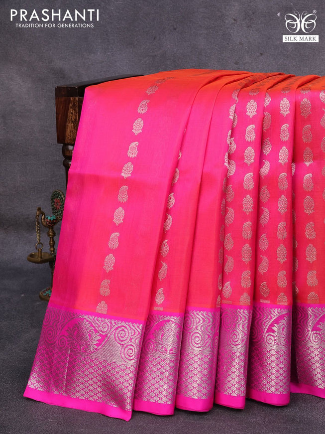 Venkatagiri silk saree dual shade of pinkish orange and pink with allover silver zari woven butta weaves and silver zari woven border